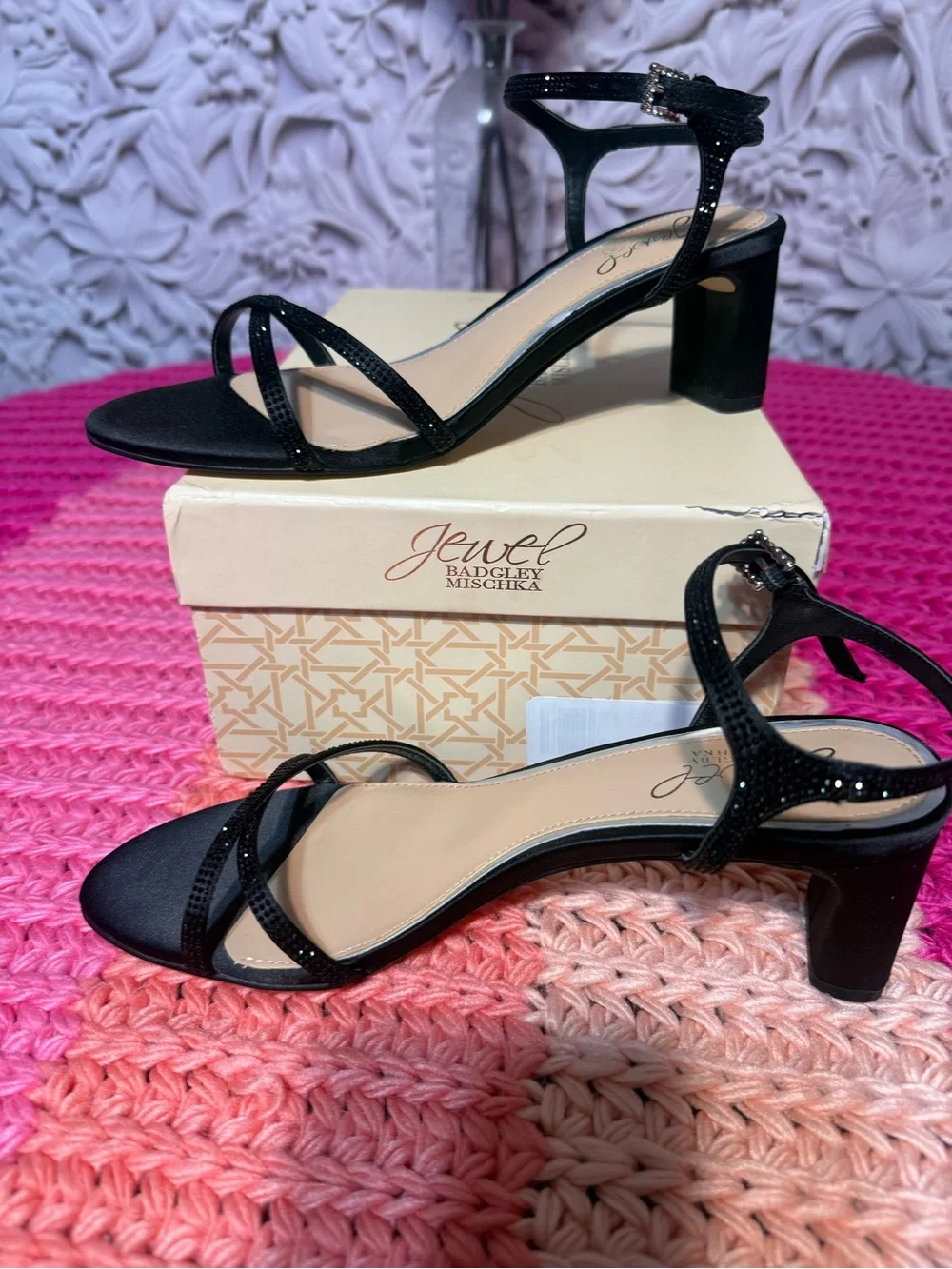 Jewel Badgley Mischka Black Sparkle Strappy Sandals - Picture 2 of 5